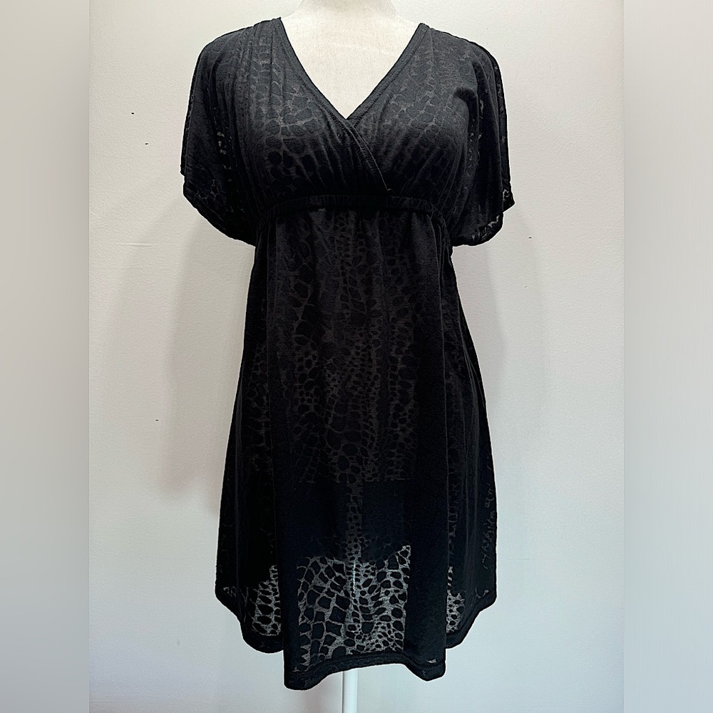 Cover Me Swimsuit Coverup Black Sheer Leopard Print Textured Empire Waist Size L